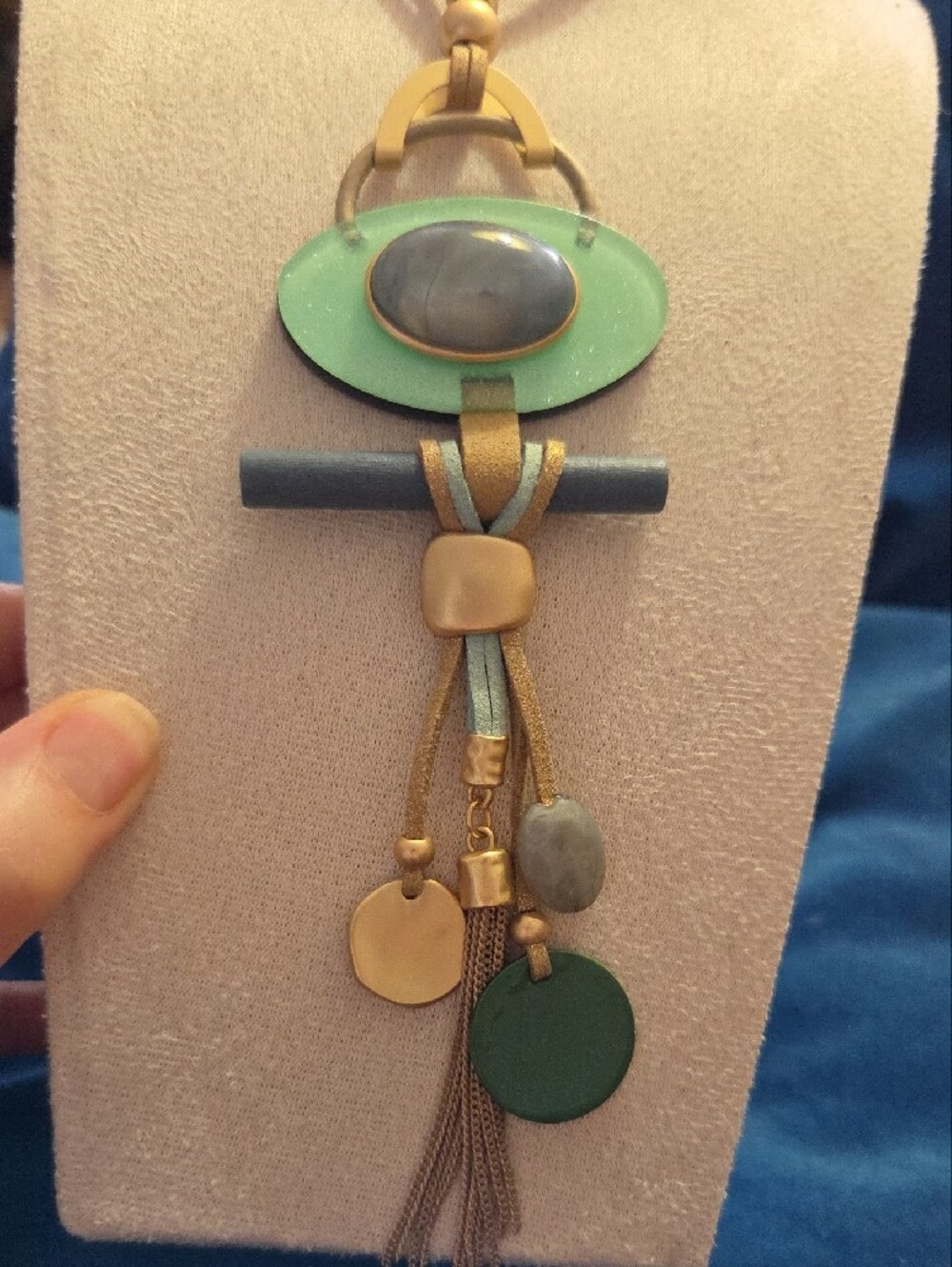Boho Aqua, Gray & Frosted Goldtone Mixed Media Long Statement Pendant Necklace - Picture 3 of 8